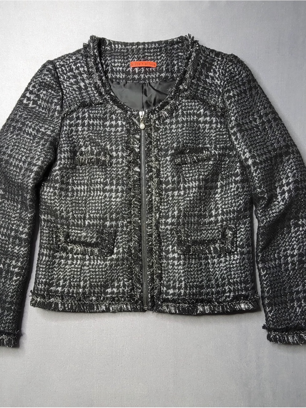 Alice + Olivia Black & White Houndstooth Tweed Zip Jacket